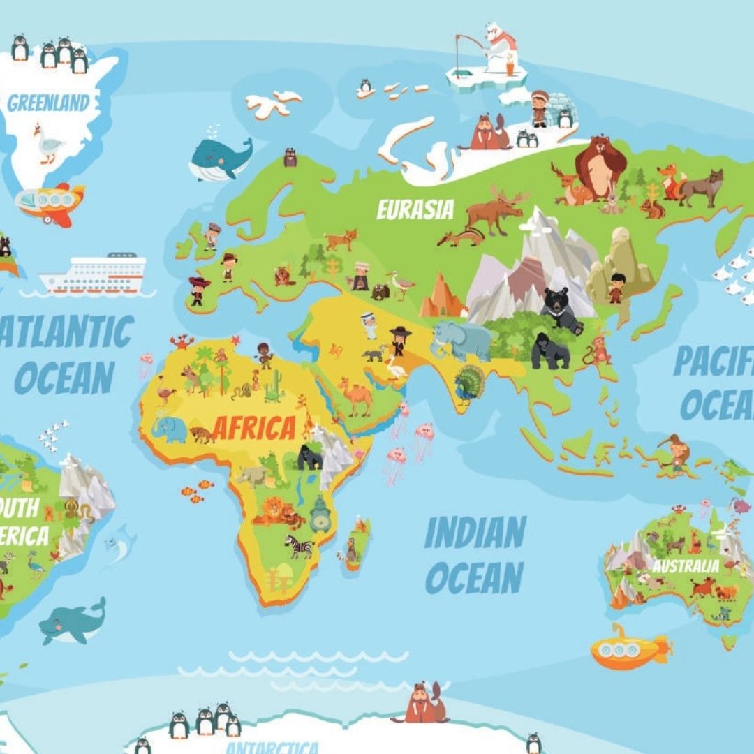 Blue World Map Kids Wallpaper - Educational & Fun Wall Decor