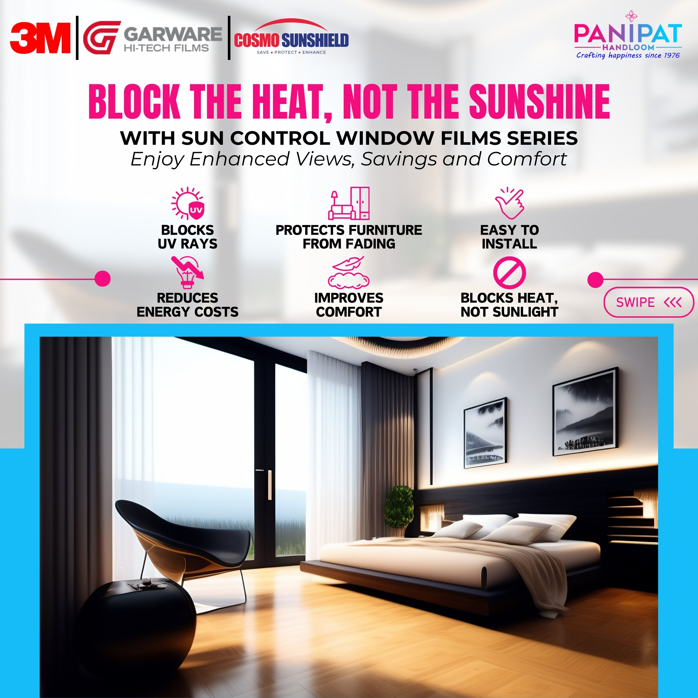 3M Premium Sun Control Glass Films for optimal heat reduction,Price: Rs 460/sq ft + installation + 18% GST