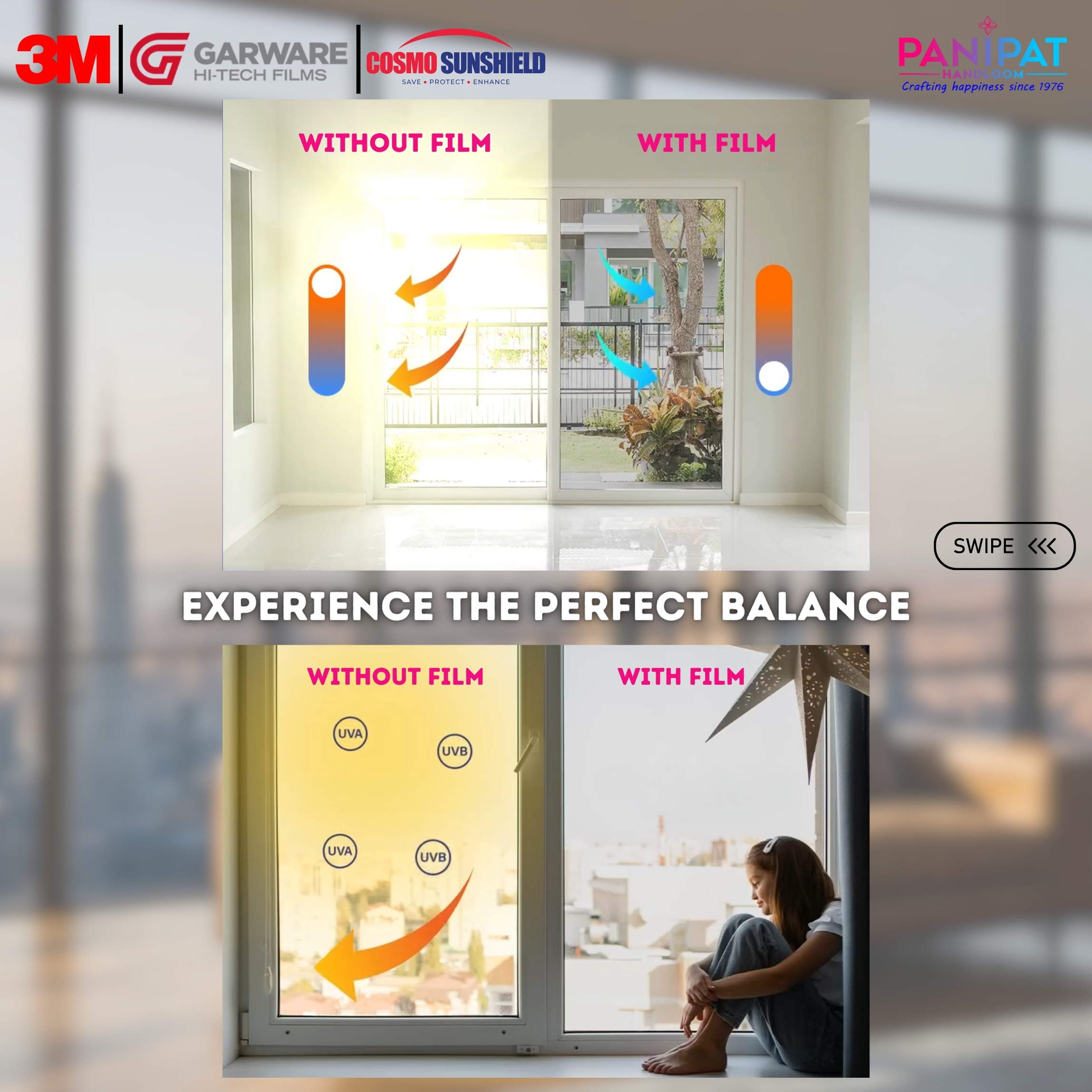 3M Premium Sun Control Glass Films for optimal heat reduction,Price: Rs 460/sq ft + installation + 18% GST