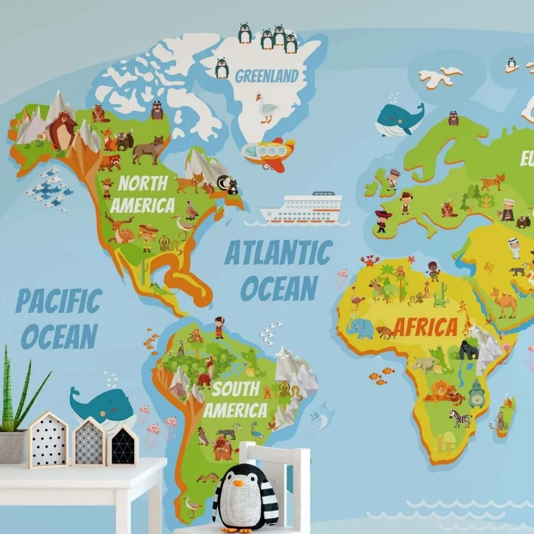 Blue World Map Kids Wallpaper - Educational & Fun Wall Decor