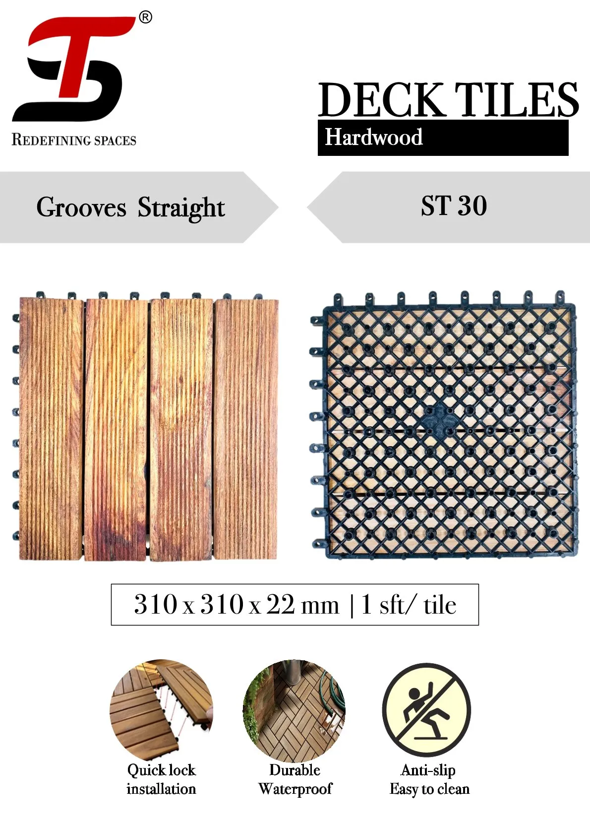 ST Homecraft Hardwood Deck Tiles ST-30 – Grooves  Straight