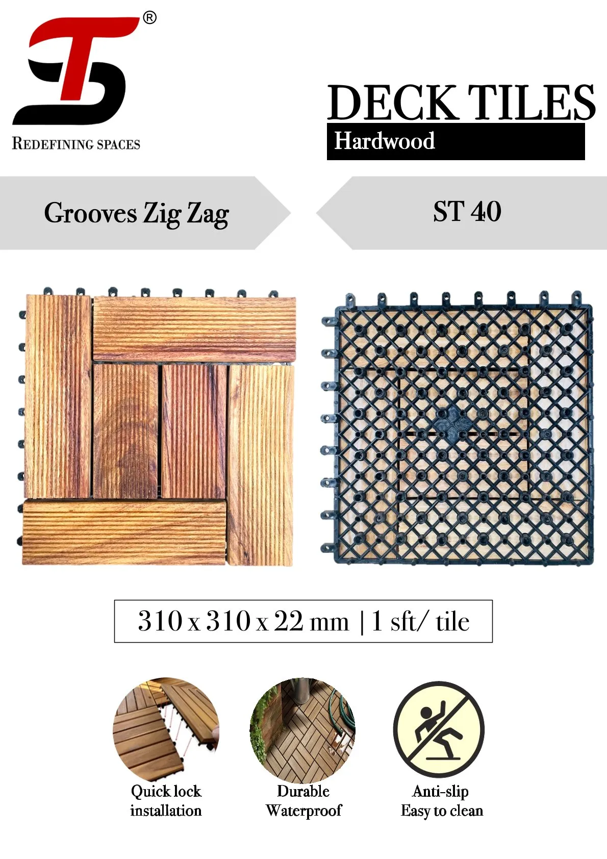 ST Homecraft Hardwood Deck Tiles ST-40 – Grooves Zig Zag