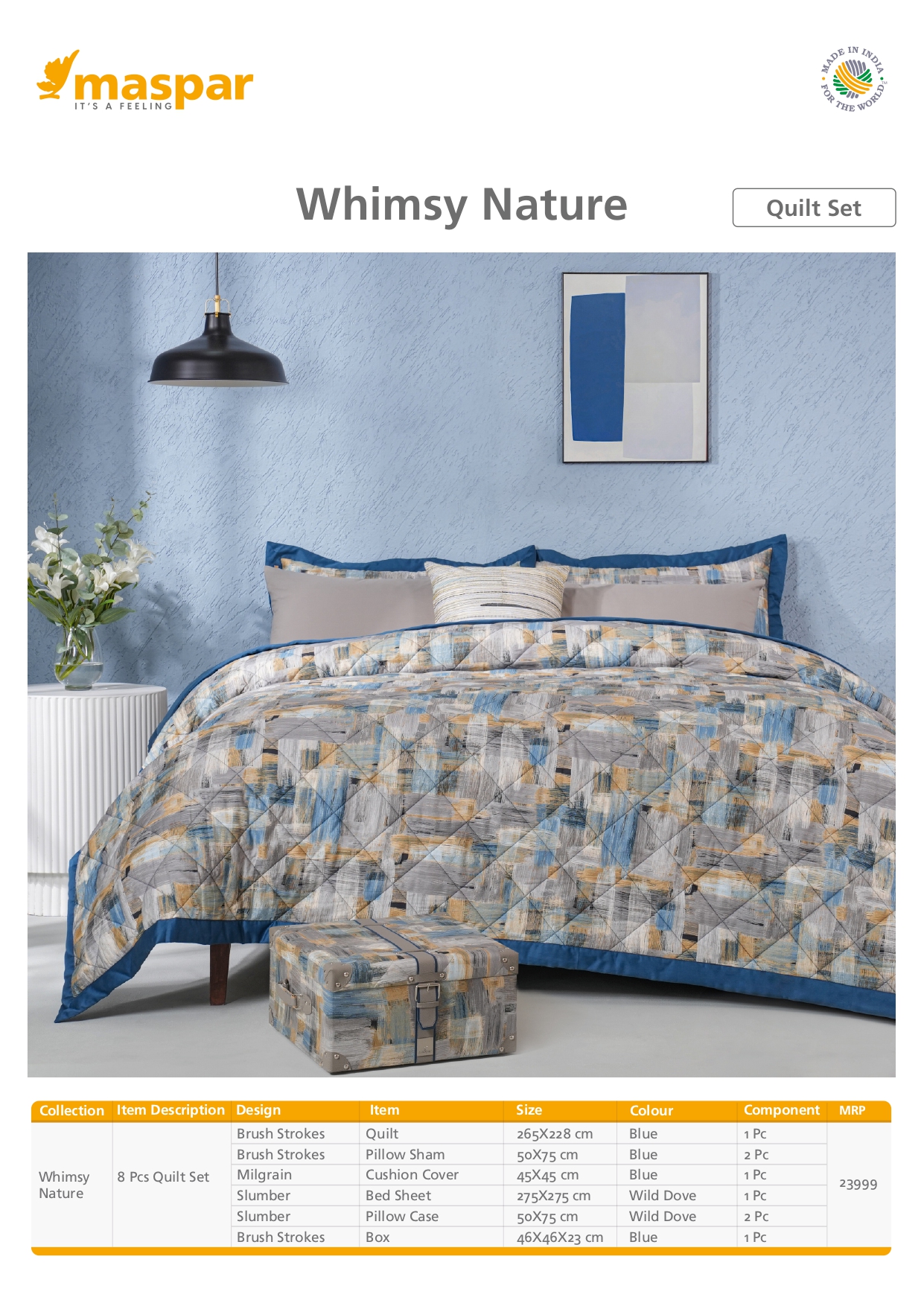 Blue Brush Strokes - 8 Pcs Quilt Set