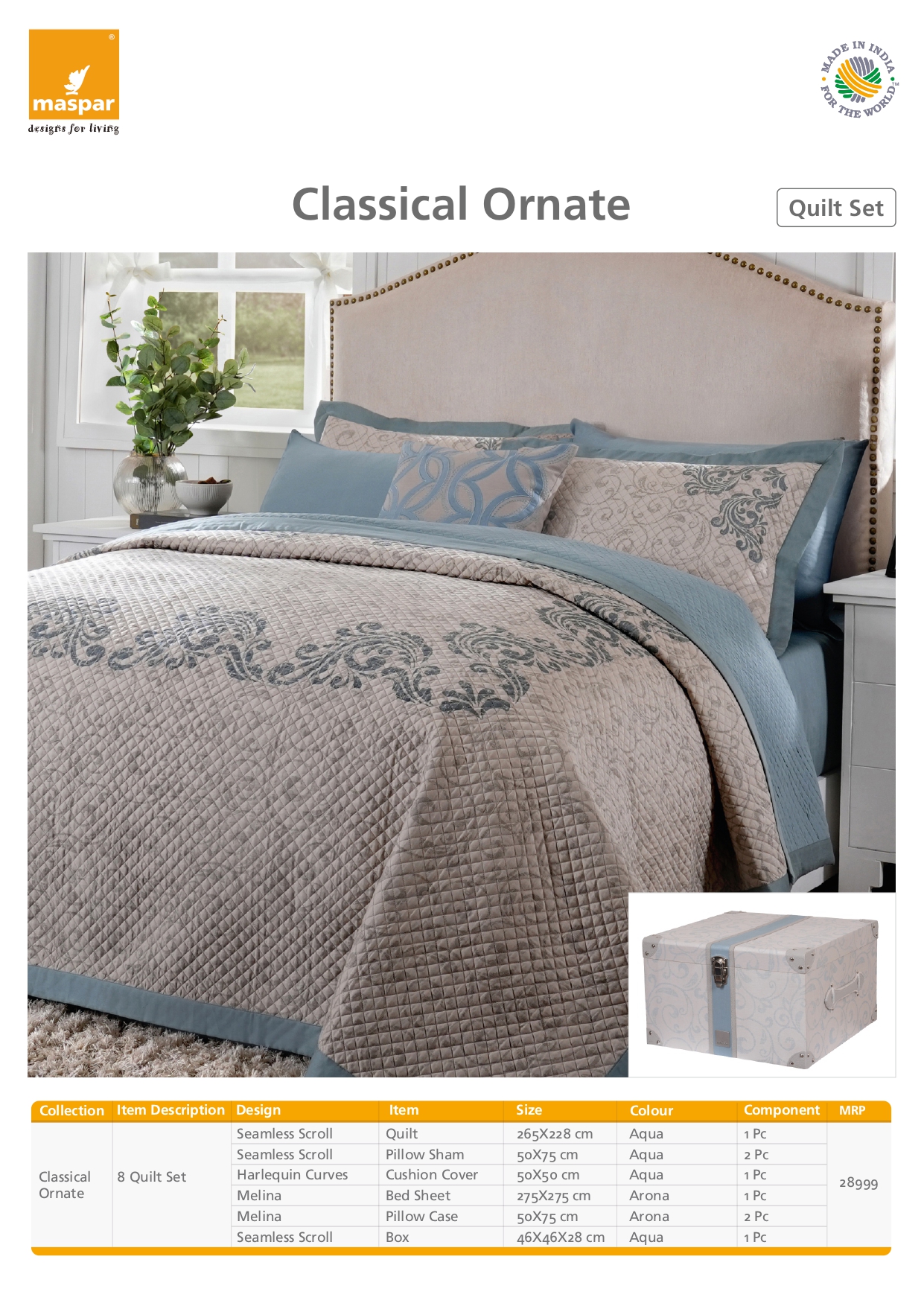 Seamless Scroll 8 Pcs Quilt Set - Aqua & Arona