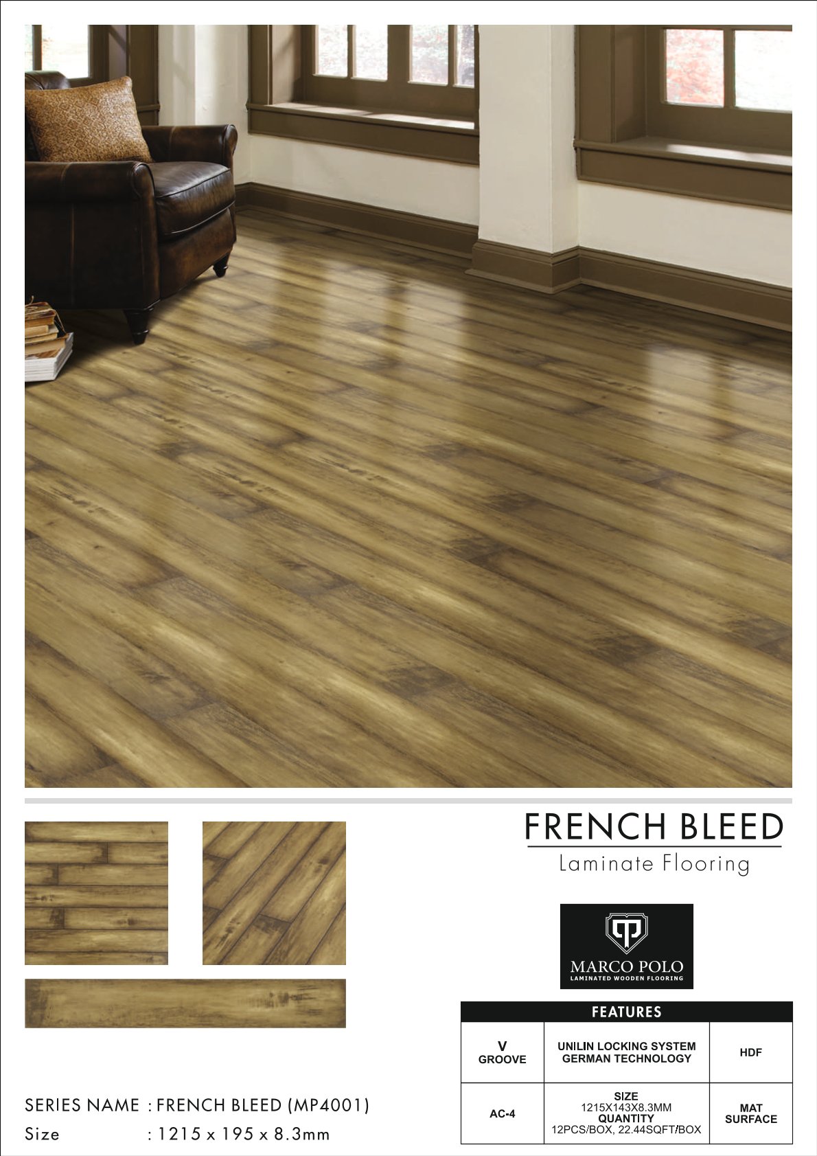 MP-4001 French Bleed Marcopolo Laminate Flooring 8.3mm