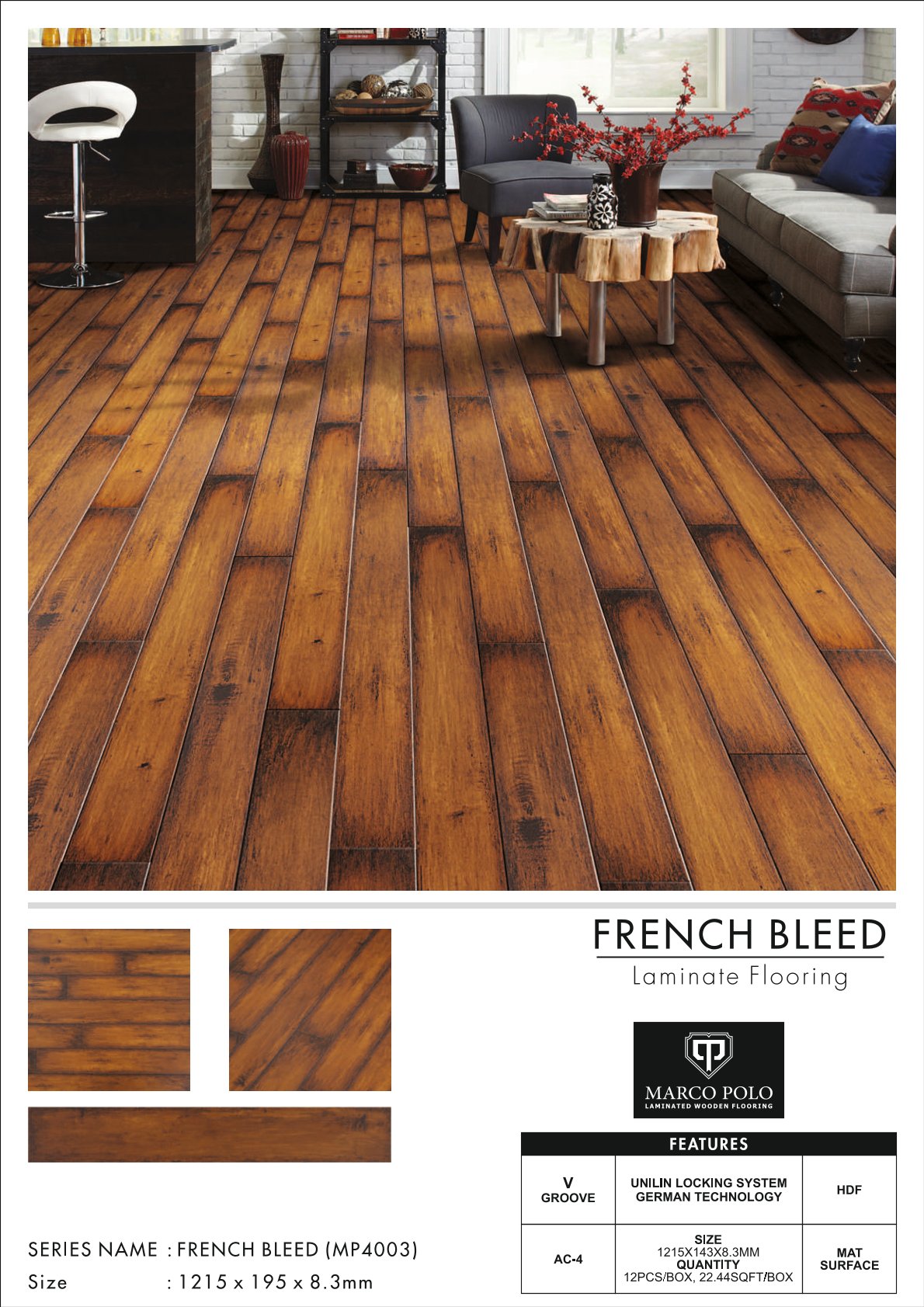 MP-4003 French Bleed Marcopolo Laminate Flooring 8.3mm