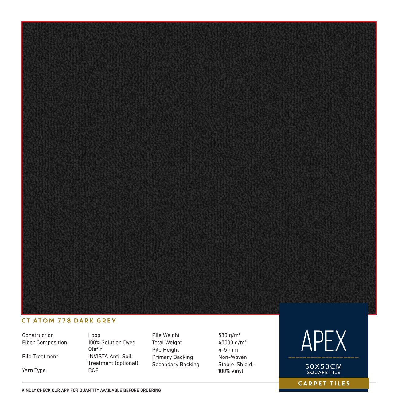 778 Dark Grey Apex Carpet Tile 50x50cm – Durable Flooring