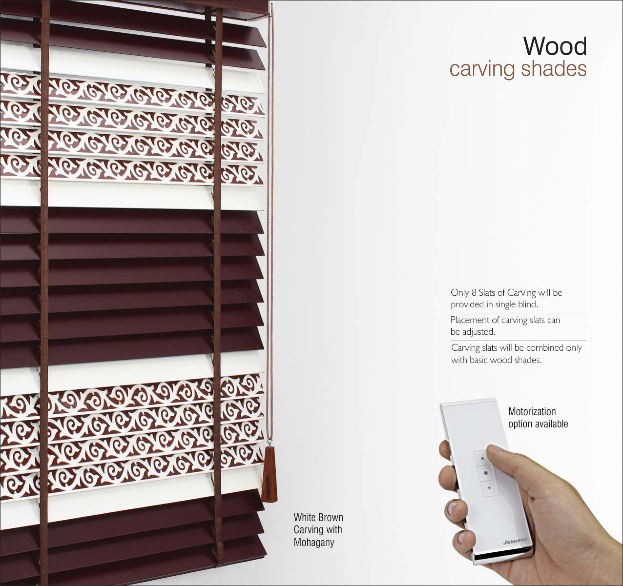 White & Brown Motorized Wooden Blind with Carved Design