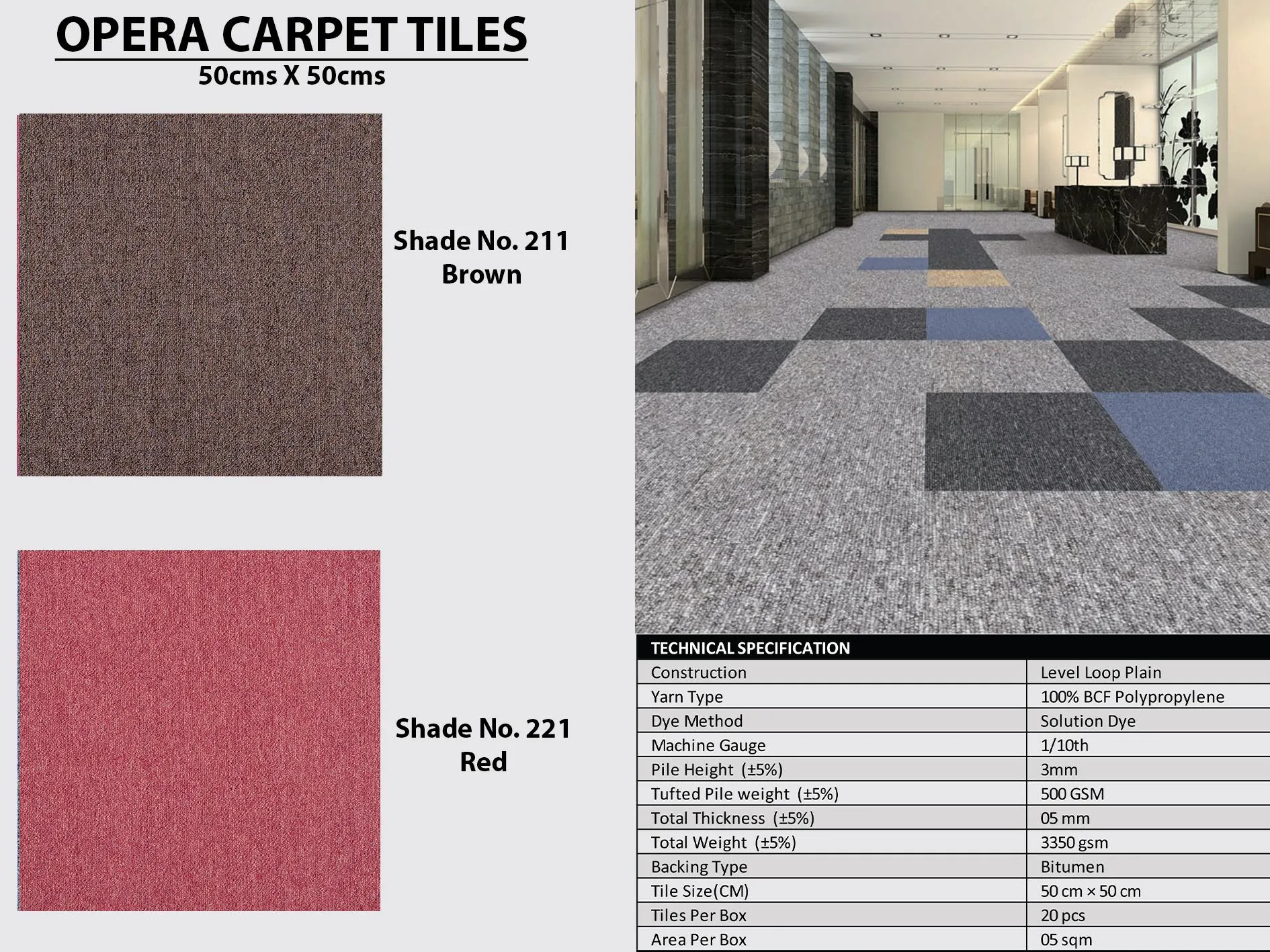 Opera Carpet Tile 50x50 cm - Shade 211 Brown & 221 Red
