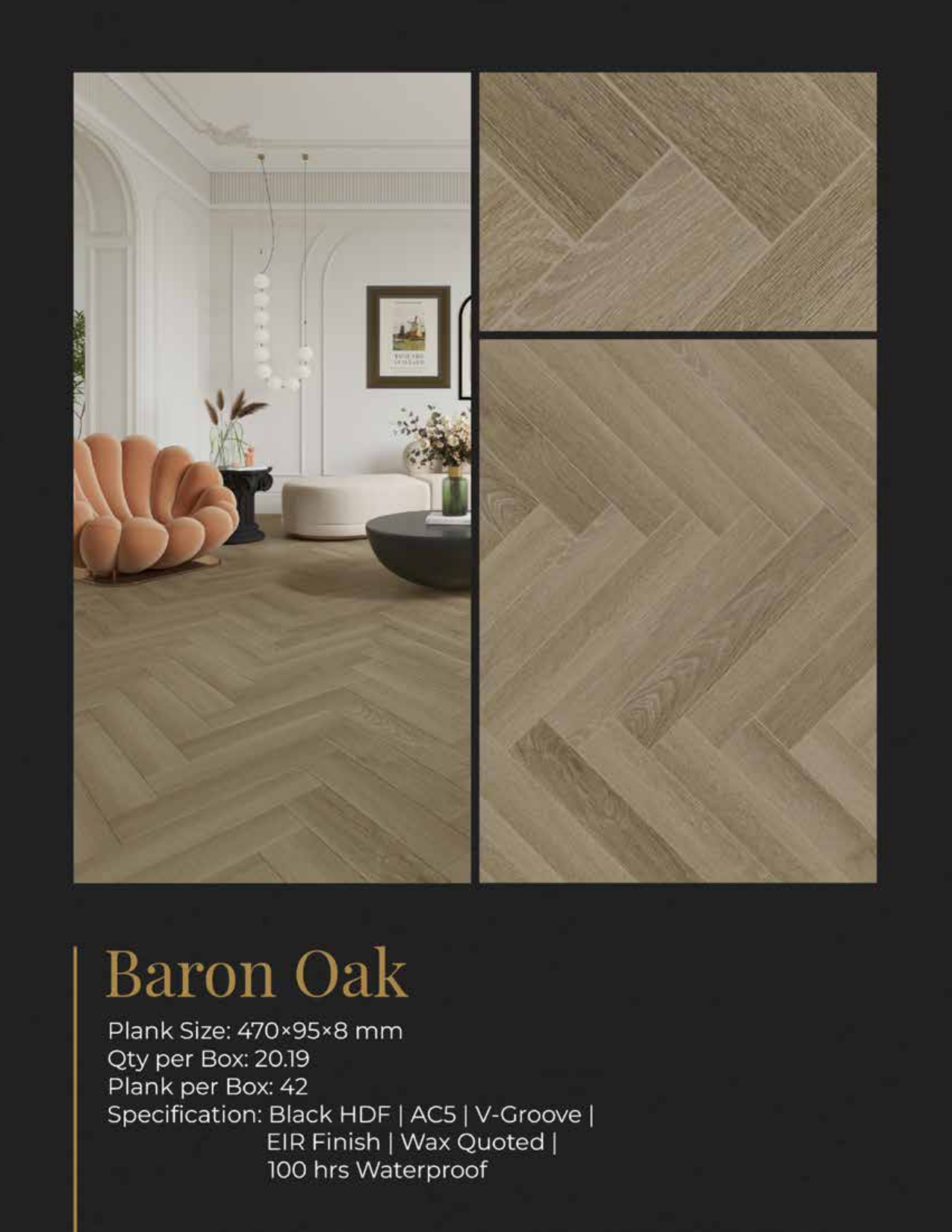 470x95x8mm Baron Oak Farsh Herringbone Flooring