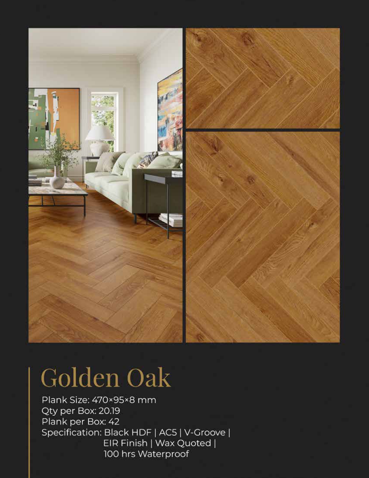 470x95x8mm Golden Oak Farsh Herringbone Flooring